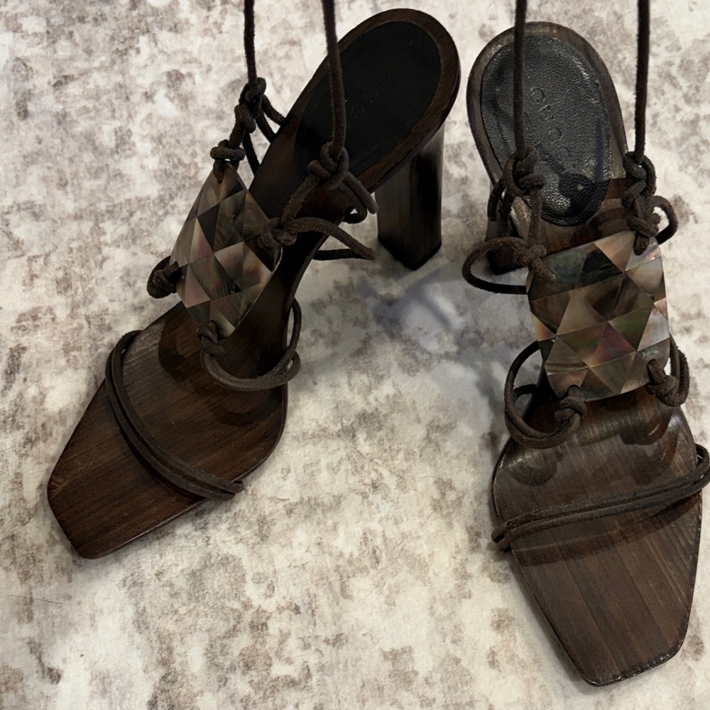 Gucci Dark Brown Mother of Pearl and Wooden Strappy Heels